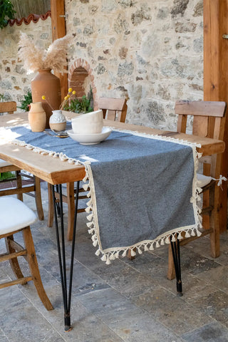 Navy Blue handwoven Turkish cotton tassel table runner table setting. Hand-tied tassels Denizli, OEKO-TEX. Vivamaison.