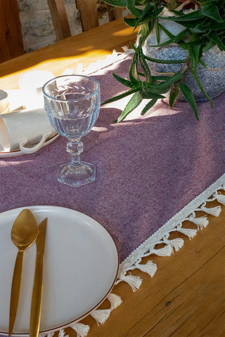 Plum handwoven Turkish cotton tassel table runner lifestyle. Hand-tied tassels Denizli, OEKO-TEX. Vivamaison.
