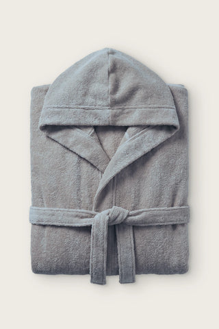 Handwoven Turkish cotton terry hooded bathrobe in anthracite, folded front view with hood and tied belt