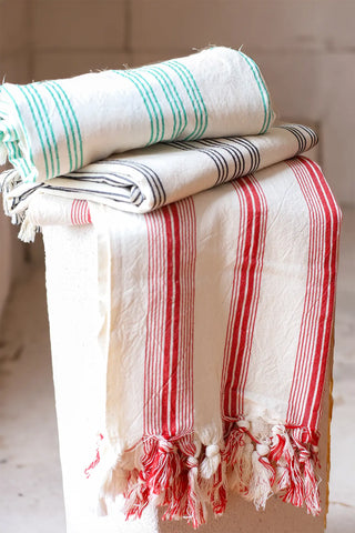 3 elegant striped peshtemal towels stacked color collection. Handwoven Turkish cotton Denizli, OEKO-TEX. Vivamaison.