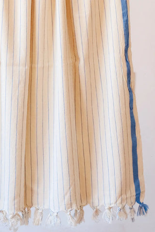 Blue luxury striped peshtemal towel fringe detail closeup. Handwoven Turkish cotton Denizli, OEKO-TEX. Vivamaison.