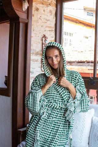 Green white mosaic bathrobe hood up front closeup. Handwoven Turkish cotton Denizli, OEKO-TEX. Vivamaison.