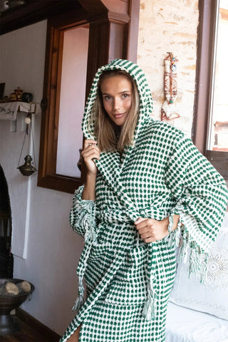 Green white mosaic bathrobe hood up side view. Handwoven Turkish cotton Denizli, OEKO-TEX. Vivamaison.