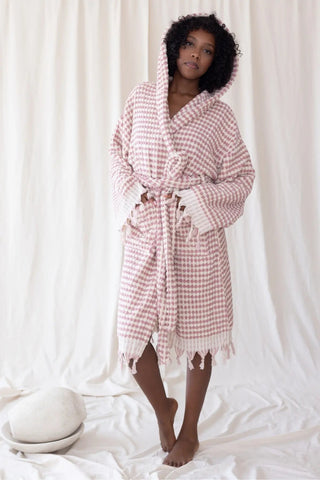 Handwoven mosaic weave bathrobe in light pink, hood up front view. Turkish cotton Denizli, OEKO-TEX. Vivamaison.