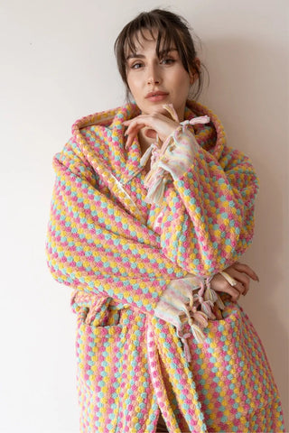 Mint pink mosaic bathrobe front closeup studio. Handwoven Turkish cotton Denizli, OEKO-TEX. Vivamaison.