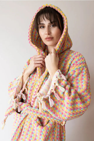 Mint pink mosaic bathrobe hood up front closeup. Handwoven Turkish cotton Denizli, OEKO-TEX. Vivamaison.