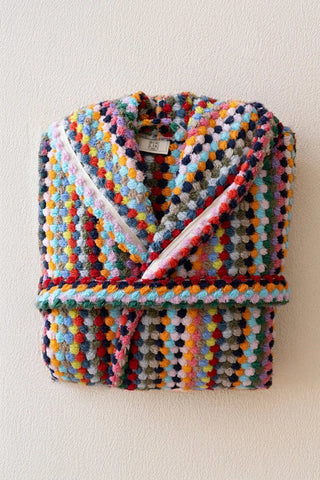 Rainbow mosaic bathrobe folded hanging display. Handwoven Turkish cotton Denizli, OEKO-TEX. Vivamaison.