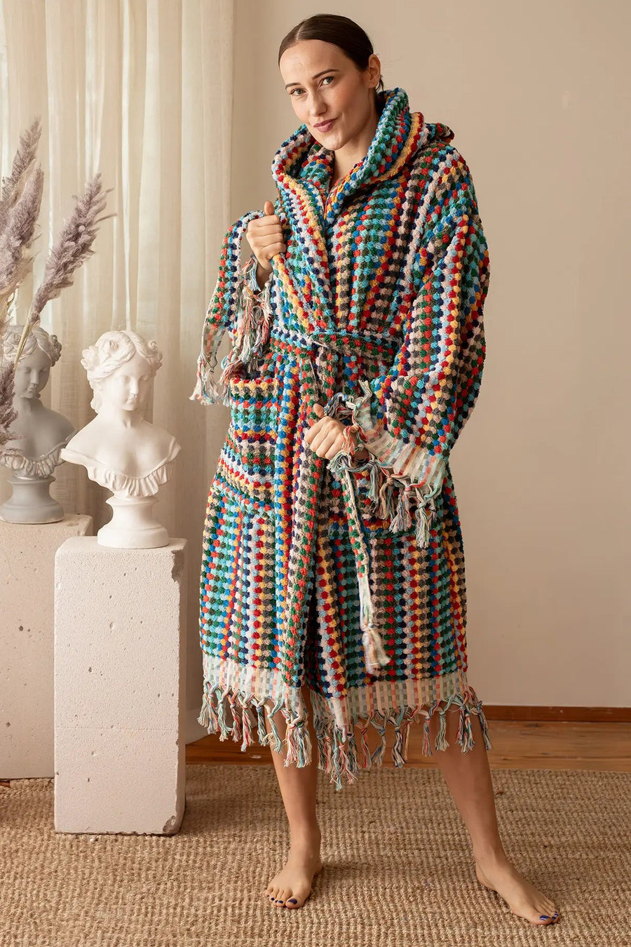 Handwoven Mosaic Cotton Hooded Spa Bathrobe - OEKO-TEX