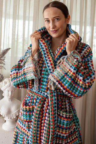 Rainbow mosaic bathrobe hood up front closeup. Handwoven Turkish cotton Denizli, OEKO-TEX. Vivamaison.