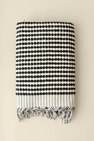 Anthracite White handwoven Turkish cotton pom pom woven towel set fringe detail. Tasseled fringe Denizli, OEKO-TEX. Vivamaiso