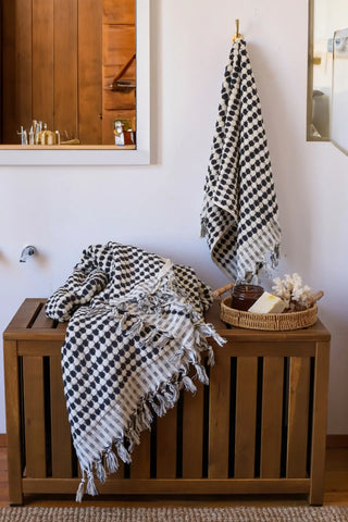 Anthracite White handwoven Turkish cotton pom pom woven towel set lifestyle. Tasseled fringe Denizli, OEKO-TEX. Vivamaison.