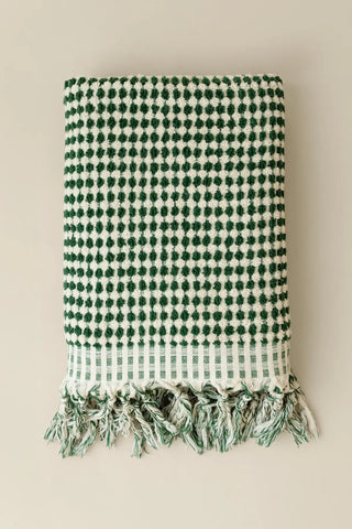 Green White handwoven Turkish cotton pom pom woven towel set detail. Tasseled fringe Denizli, OEKO-TEX. Vivamaison.