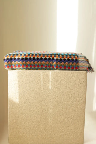 Rainbow handwoven Turkish cotton pom pom woven towel set detail. Tasseled fringe Denizli, OEKO-TEX. Vivamaison.