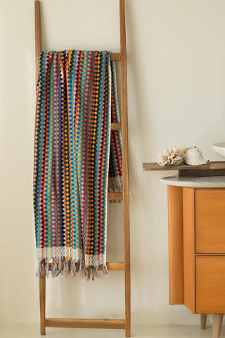 Rainbow handwoven Turkish cotton pom pom woven towel set ladder hanging. Tasseled fringe Denizli, OEKO-TEX. Vivamaison.