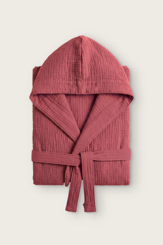 Reversible 4-layer muslin hooded bathrobe, burgundy outer and burgundy inner, folded front view