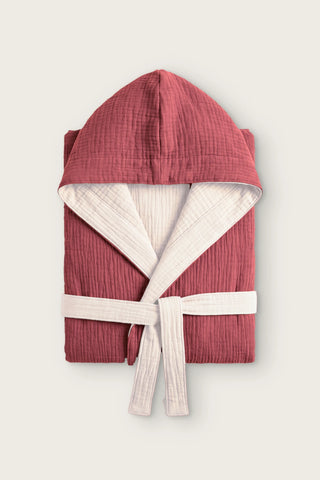 Reversible 4-layer muslin hooded bathrobe, burgundy outer and ecru inner, folded front view