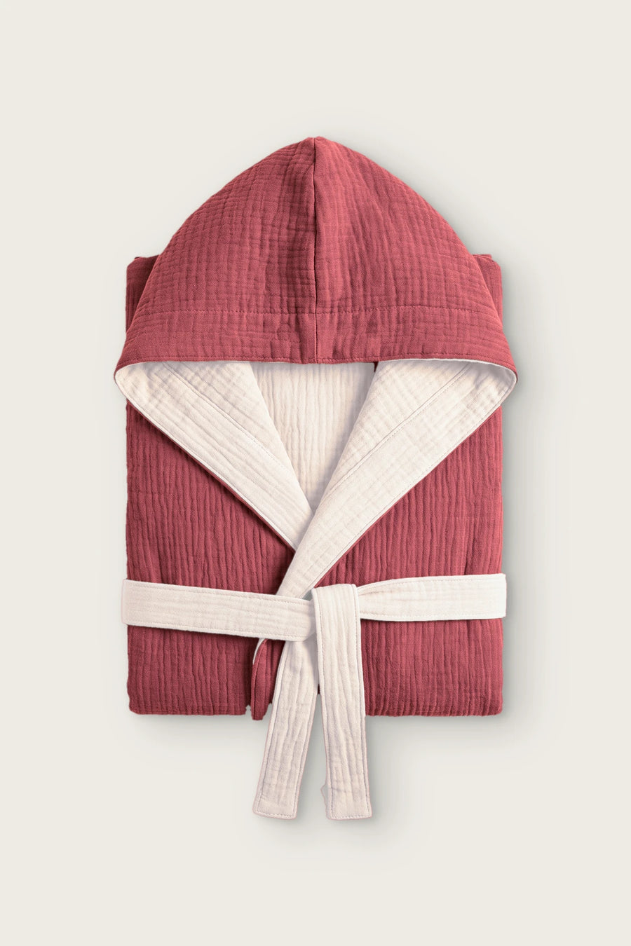 Handwoven Reversible 4-Layer Muslin Hooded Robe - OEKO-TEX - Burgundy / Ecru