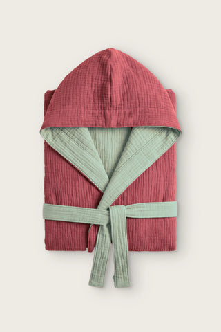 Reversible 4-layer muslin hooded bathrobe, burgundy outer and sage green inner, folded front view