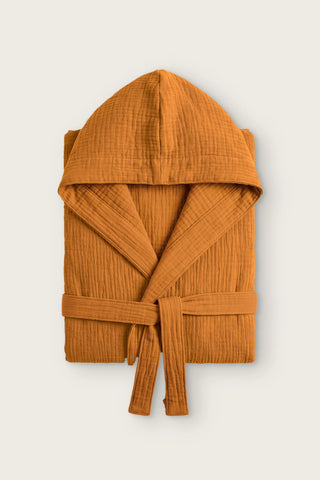 Reversible 4-layer muslin hooded bathrobe, caramel outer and caramel inner, folded front view