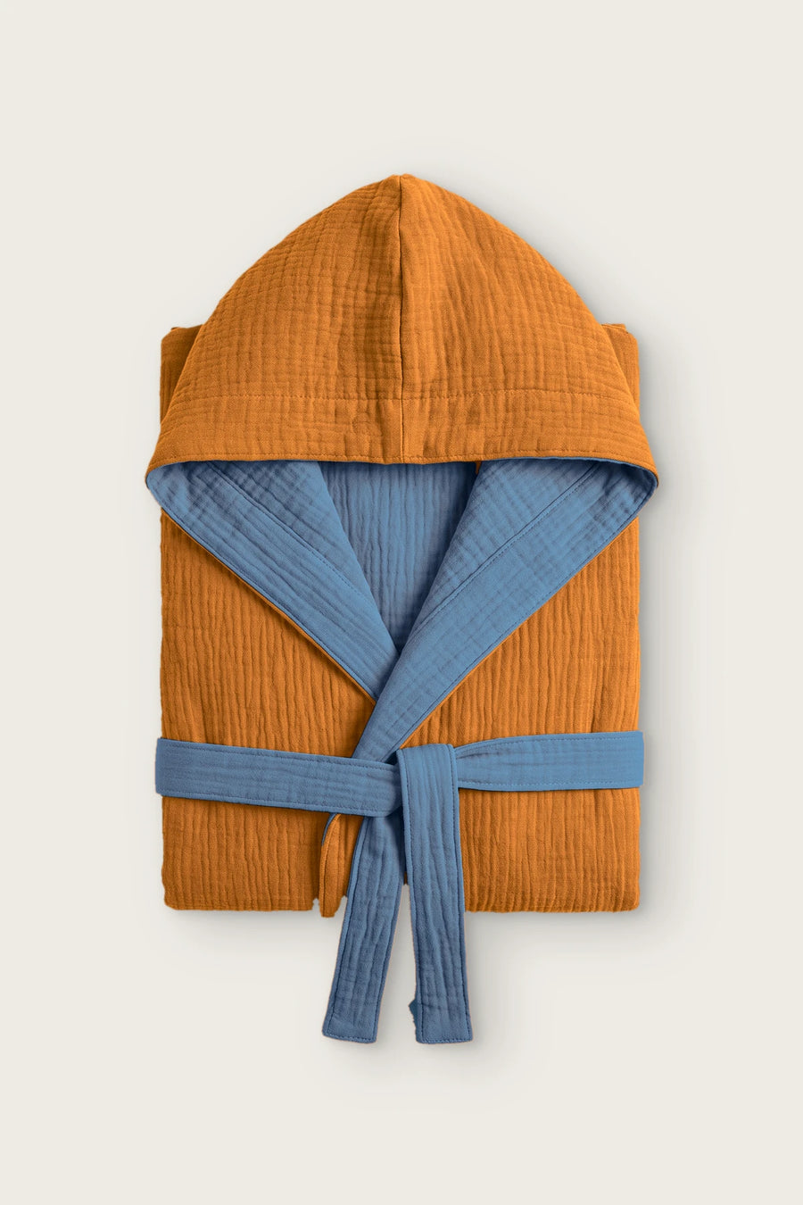 Handwoven Reversible 4-Layer Muslin Hooded Robe - OEKO-TEX - Caramel / Indigo Blue