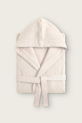 Reversible 4-layer muslin hooded bathrobe, ecru outer and ecru inner, folded front view