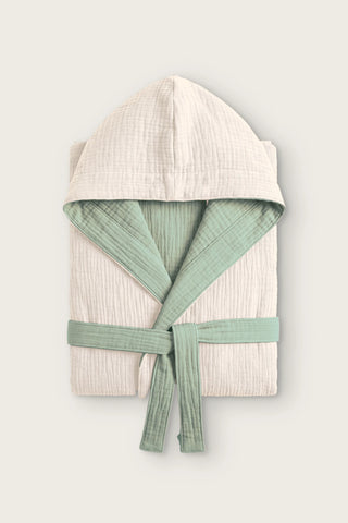 Reversible 4-layer muslin hooded bathrobe, ecru outer and sage green inner, folded front view
