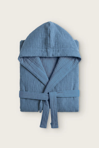Reversible 4-layer muslin hooded bathrobe, indigo blue outer and indigo blue inner, folded front view