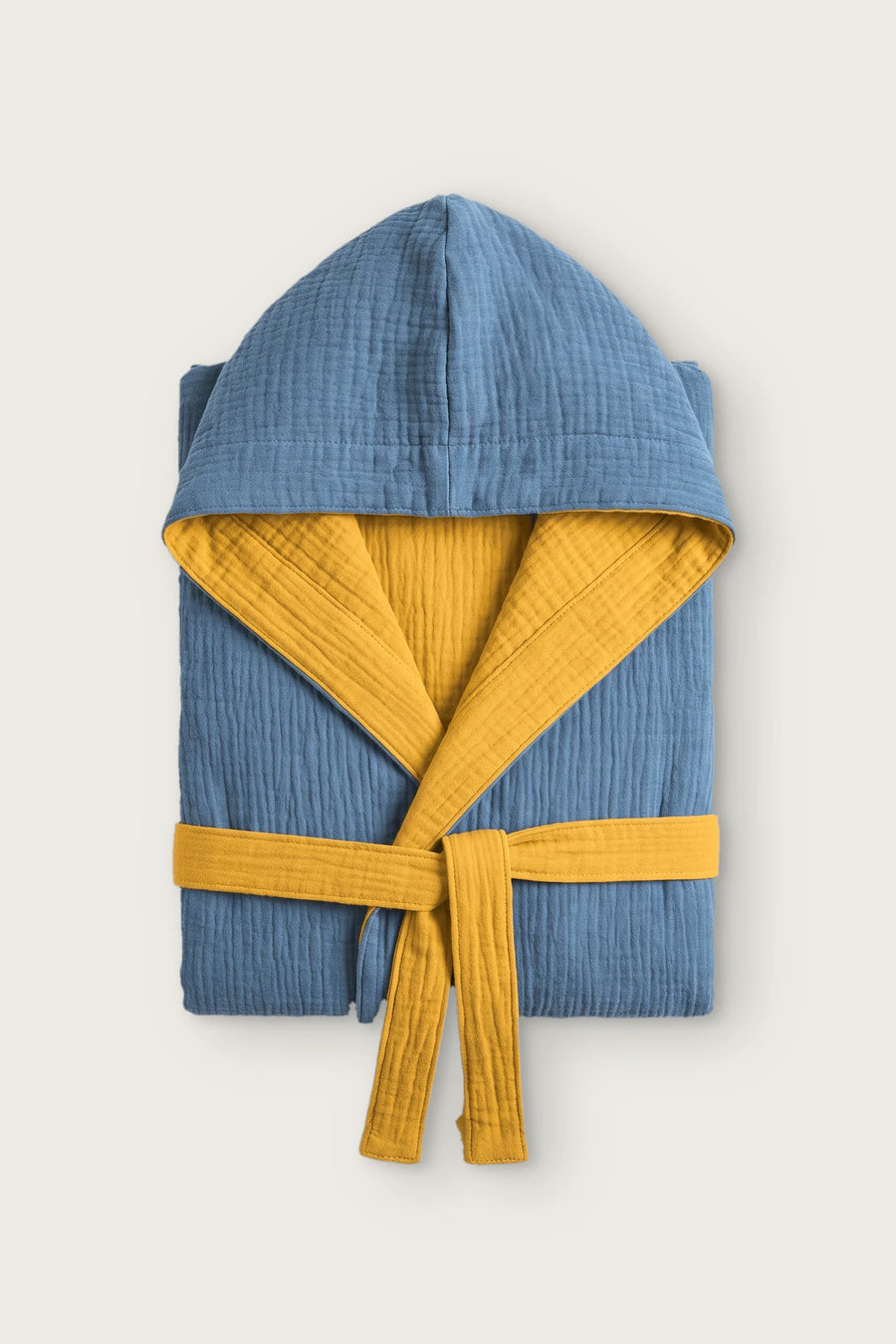 Handwoven Reversible 4-Layer Muslin Hooded Robe - OEKO-TEX - Indigo Blue / Mustard