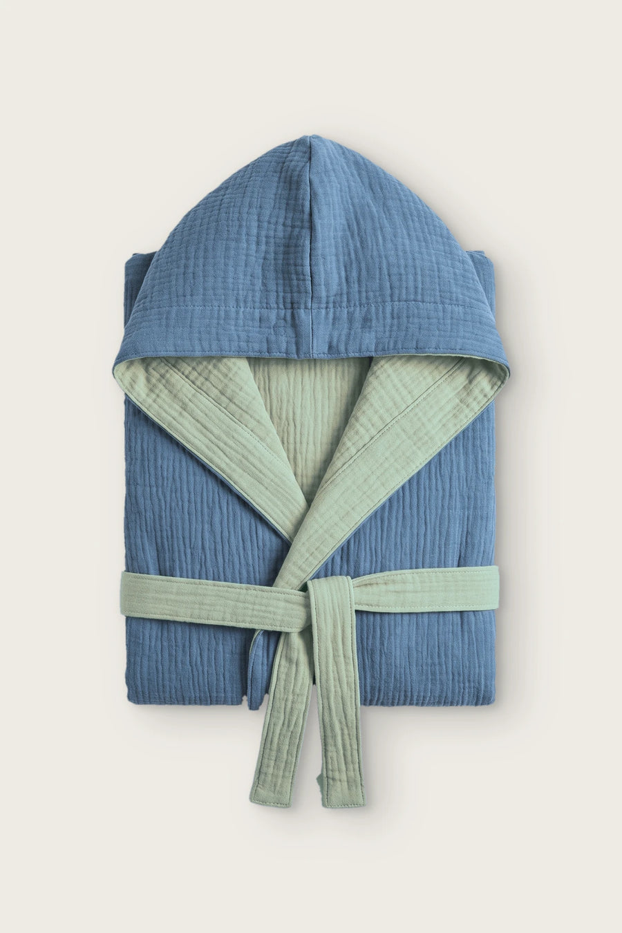 Handwoven Reversible 4-Layer Muslin Hooded Robe - OEKO-TEX - Indigo Blue / Sage Green