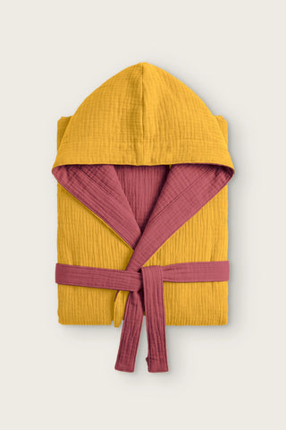 Reversible 4-layer muslin hooded bathrobe, mustard outer and burgundy inner, folded front view
