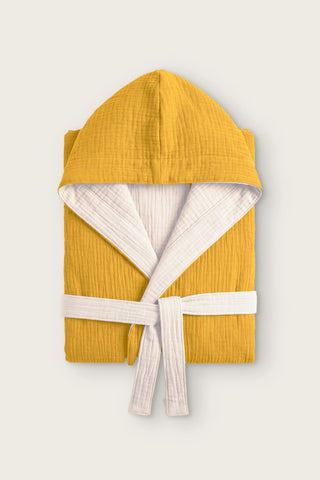 Reversible 4-layer muslin hooded bathrobe, mustard outer and ecru inner, folded front view