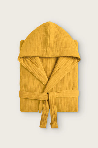 Reversible 4-layer muslin hooded bathrobe, mustard outer and mustard inner, folded front view