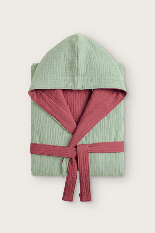 Reversible 4-layer muslin hooded bathrobe, sage green outer and burgundy inner, folded front view