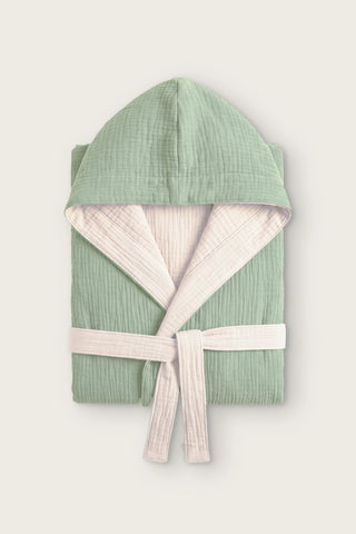 Reversible 4-layer muslin hooded bathrobe, sage green outer and ecru inner, folded front view