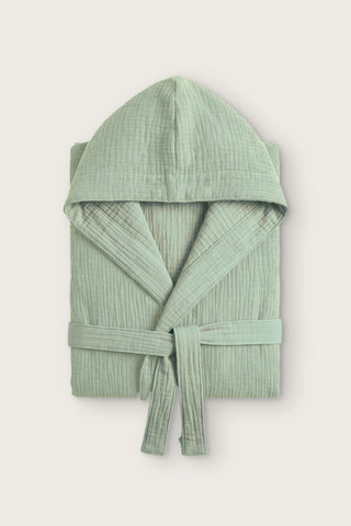 Reversible 4-layer muslin hooded bathrobe, sage green outer and sage green inner, folded front view
