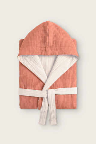 Reversible 4-layer muslin hooded bathrobe, terracotta outer and ecru inner, folded front view