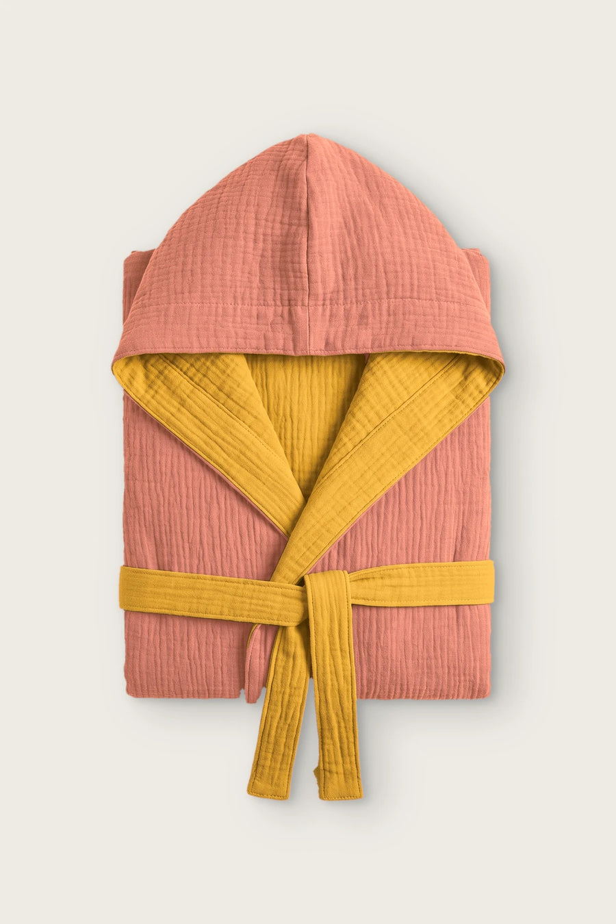 Handwoven Reversible 4-Layer Muslin Hooded Robe - OEKO-TEX - Terracotta / Mustard
