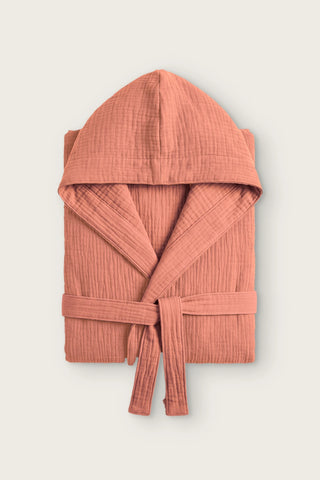 Reversible 4-layer muslin hooded bathrobe, terracotta outer and terracotta inner, folded front view