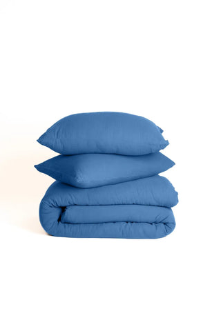 Indigo Blue handwoven soft muslin Turkish cotton plain duvet cover pillow pair. Long-staple Denizli, OEKO-TEX. Vivamaison.