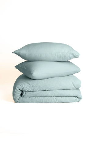 Sage Green handwoven soft muslin Turkish cotton plain duvet cover pillow pair. Long-staple Denizli, OEKO-TEX. Vivamaison.