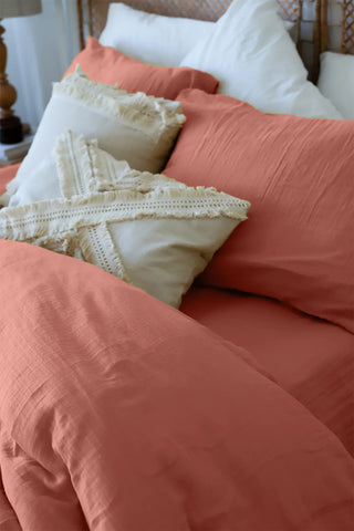 Terracotta handwoven soft muslin Turkish cotton plain duvet cover pillow pair. Long-staple Denizli, OEKO-TEX. Vivamaison.