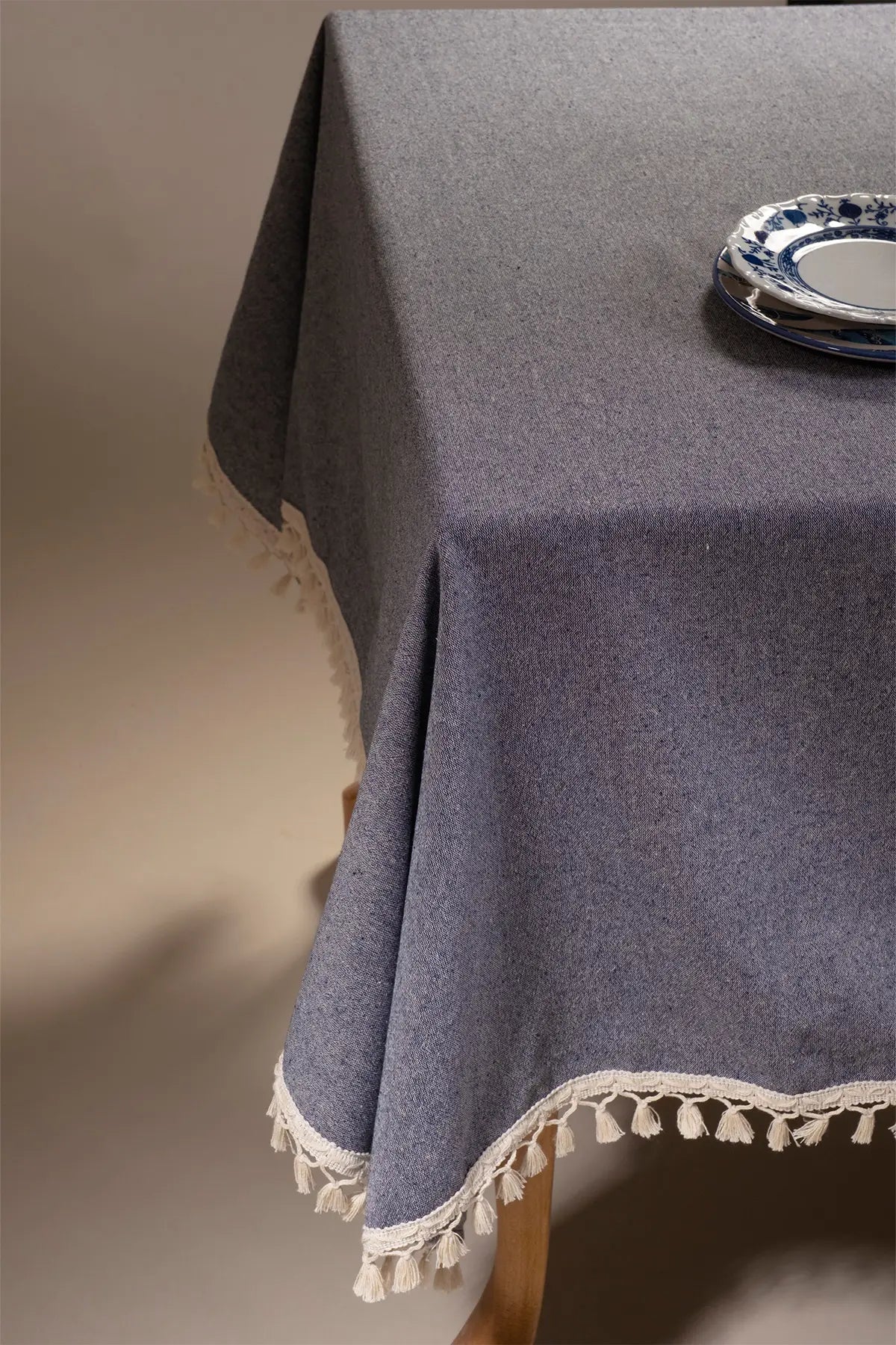 Navy Blue handwoven solid color Turkish cotton tassel tablecloth lifestyle. Tasseled edges Denizli, OEKO-TEX. Vivamaison.