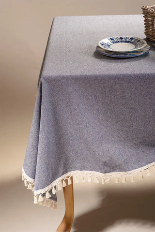 Navy Blue handwoven solid color Turkish cotton tassel tablecloth table setting. Tasseled edges Denizli, OEKO-TEX. Vivamaison.