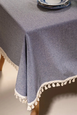 Navy Blue handwoven solid color Turkish cotton tassel tablecloth tassel detail. Tasseled edges Denizli, OEKO-TEX. Vivamaison.