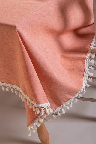 Orange handwoven solid color Turkish cotton tassel tablecloth tassel detail. Tasseled edges Denizli, OEKO-TEX. Vivamaison.
