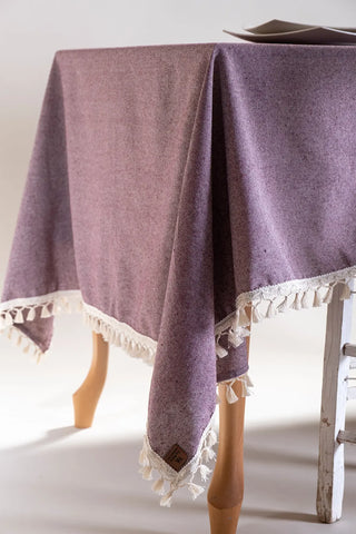 Plum handwoven solid color Turkish cotton tassel tablecloth overhead. Tasseled edges Denizli, OEKO-TEX. Vivamaison.