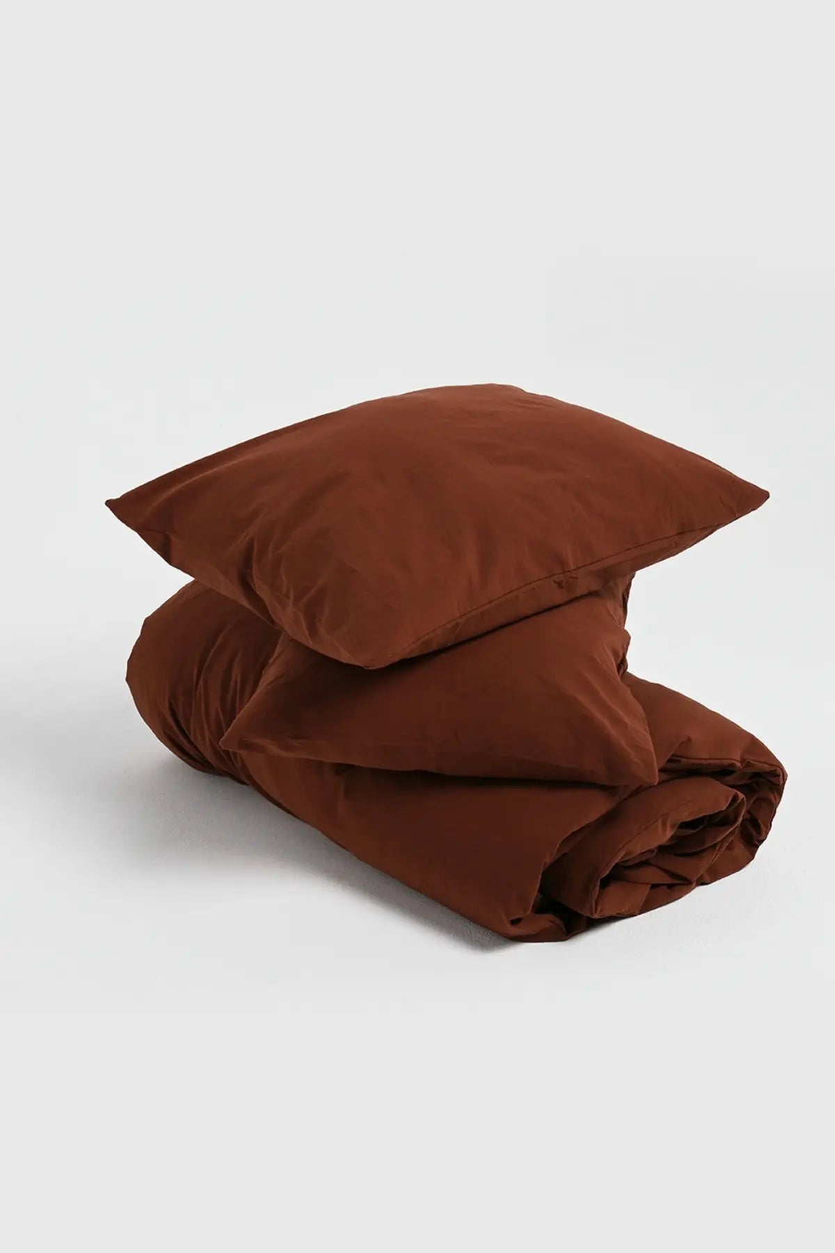 Brown stonewashed Turkish cotton duvet cover, alternate view. Made in Denizli, Turkey. VivaMaison