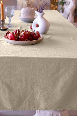 Stone handwoven stonewashed Turkish cotton tablecloth detail. Vintage-soft Denizli, OEKO-TEX. Vivamaison.