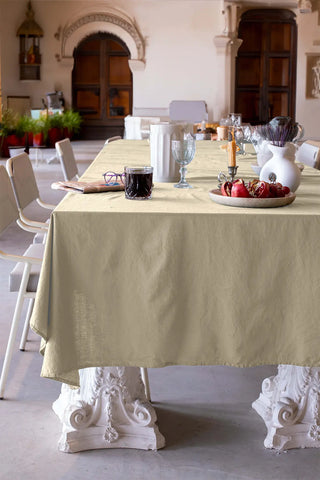 Stone handwoven stonewashed Turkish cotton tablecloth table setting. Vintage-soft Denizli, OEKO-TEX. Vivamaison.