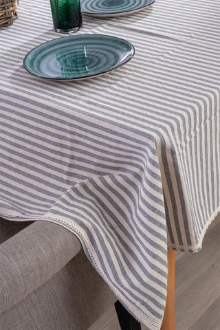 Black handwoven striped linen lace cotton tablecloth folded flat lay. Crocheted lace Denizli, OEKO-TEX. Vivamaison.